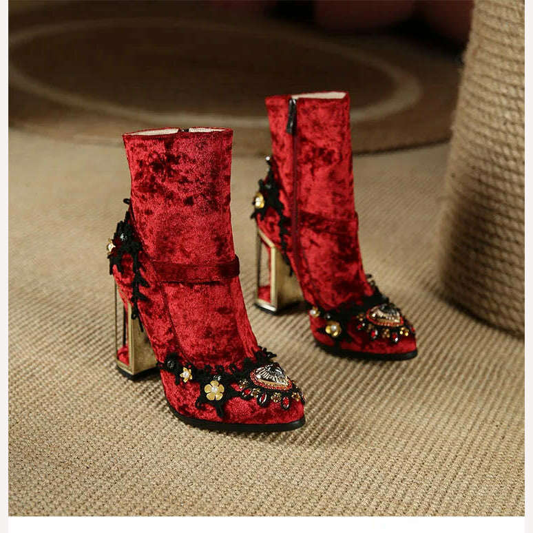 KIMLUD, Pearl/Rhinestone Satins Short Boots Waterproof Platform Diamond Decoration Chelsea Short Boots Large 34-43 High Heel Women Shoes, KIMLUD Women's Clothes