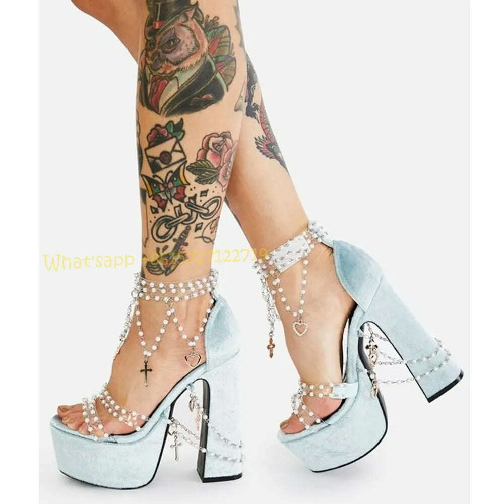 KIMLUD, Pearly Blue Platform Heels Suede Sandals Summer Chunky Heels Metal Chain Pink Sandals Sweet Peep Toe Women Party Wedding Shoes, KIMLUD Womens Clothes