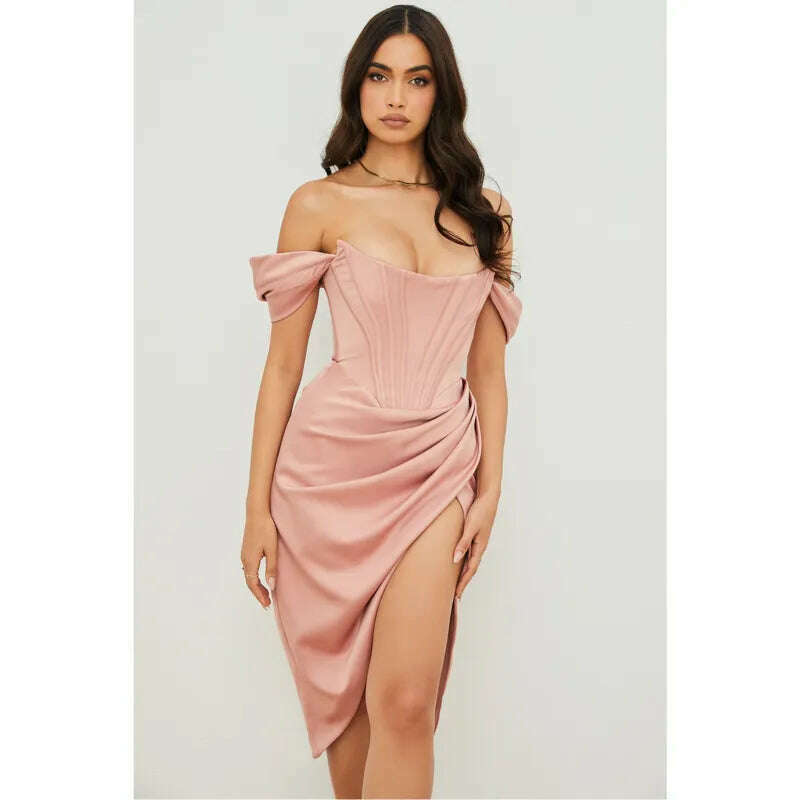 KIMLUD, Peling Fashion Evening Dress for Women Off Shoulder Sexy Party Club Dress Split Ruched Bodycon Autumn Robe Wedding Dress Vestido, Pink / S, KIMLUD APPAREL - Womens Clothes
