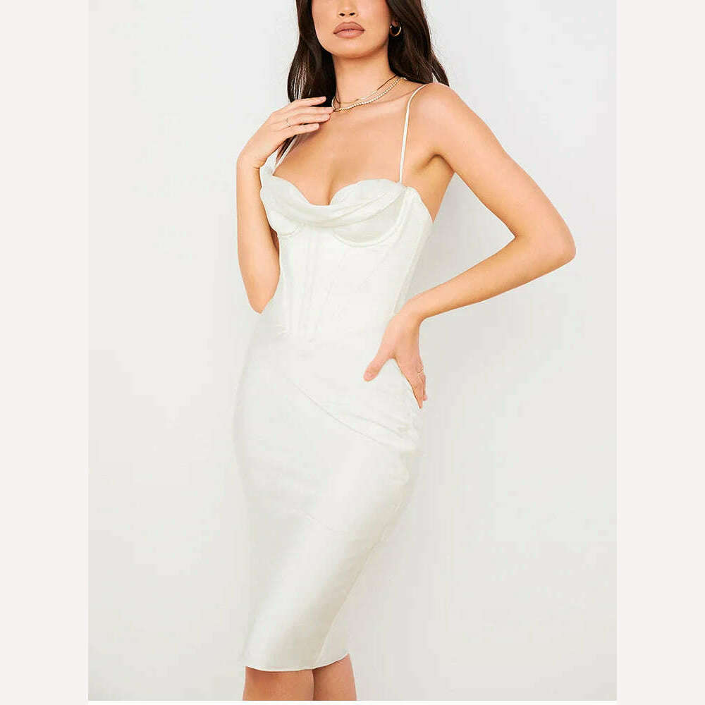 KIMLUD, Peling Fashion Satin Party White Dress Spaghetti Strap Padded Boned Zipper V- Neck Bodycon Dress Sexy Dresses For Women Vestidos, KIMLUD Womens Clothes