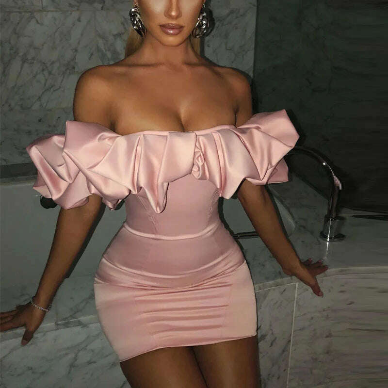 KIMLUD, Peling Satin Ruffles Sleeve 2023 Summer Dresses Backless Strapless Bodycon White Dress Short Sexy Party Dress Nightclub Vestidos, Pink / S, KIMLUD Womens Clothes