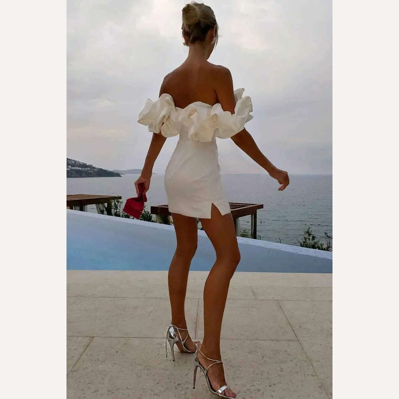 KIMLUD, Peling Satin Ruffles Sleeve 2023 Summer Dresses Backless Strapless Bodycon White Dress Short Sexy Party Dress Nightclub Vestidos, KIMLUD Women's Clothes