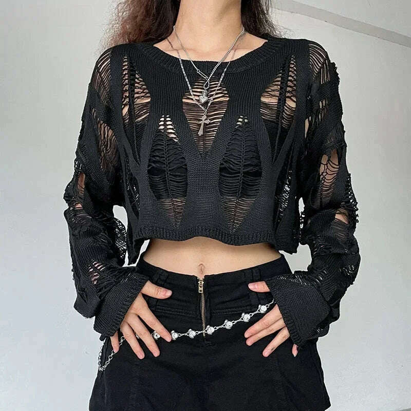 Perforated Hollow Out Knitted Blouse Sunscreen Long Sleeve Top Gothic Dark Black Sexy Thin Sweater Women's Summer Chic Crop Tops, KIMLUD Women's Clothes