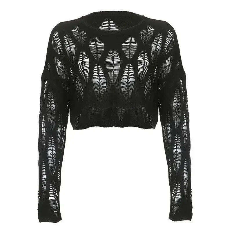 KIMLUD, Perforated Hollow Out Knitted Blouse Sunscreen Long Sleeve Top Gothic Dark Black Sexy Thin Sweater Women's Summer Chic Crop Tops, KIMLUD Womens Clothes