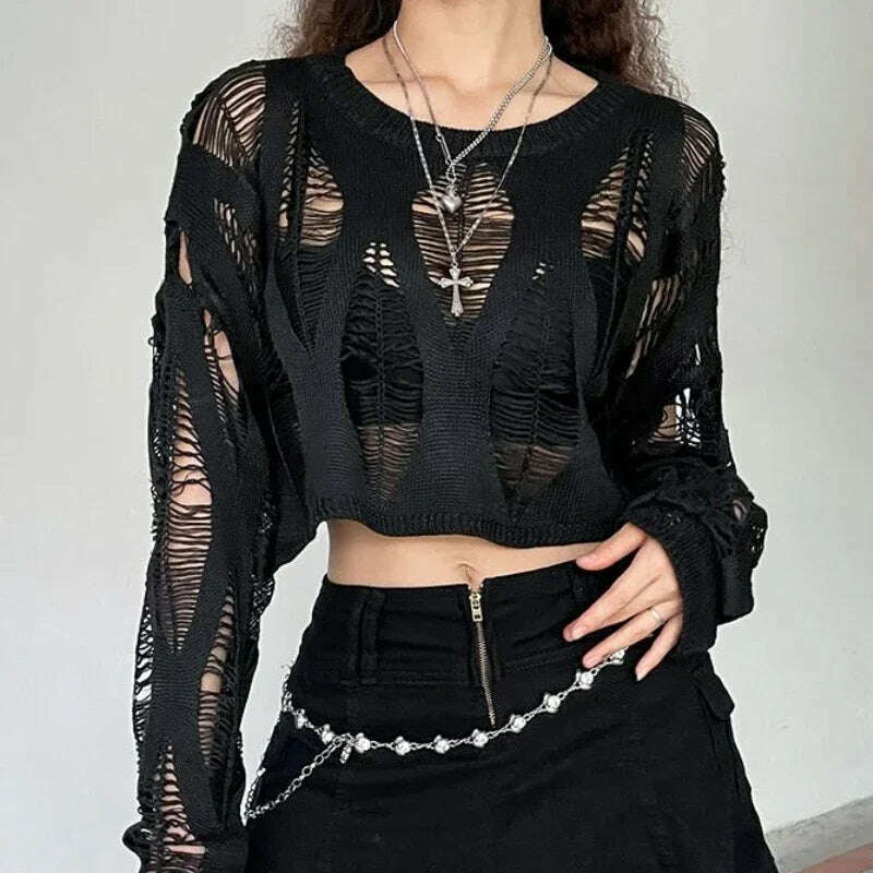 Perforated Hollow Out Knitted Blouse Sunscreen Long Sleeve Top Gothic Dark Black Sexy Thin Sweater Women's Summer Chic Crop Tops, black / S, KIMLUD Women's Clothes