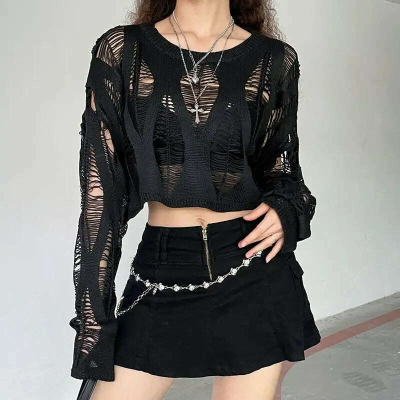 KIMLUD, Perforated Hollow Out Knitted Blouse Sunscreen Long Sleeve Top Gothic Dark Black Sexy Thin Sweater Women's Summer Chic Crop Tops, KIMLUD Womens Clothes