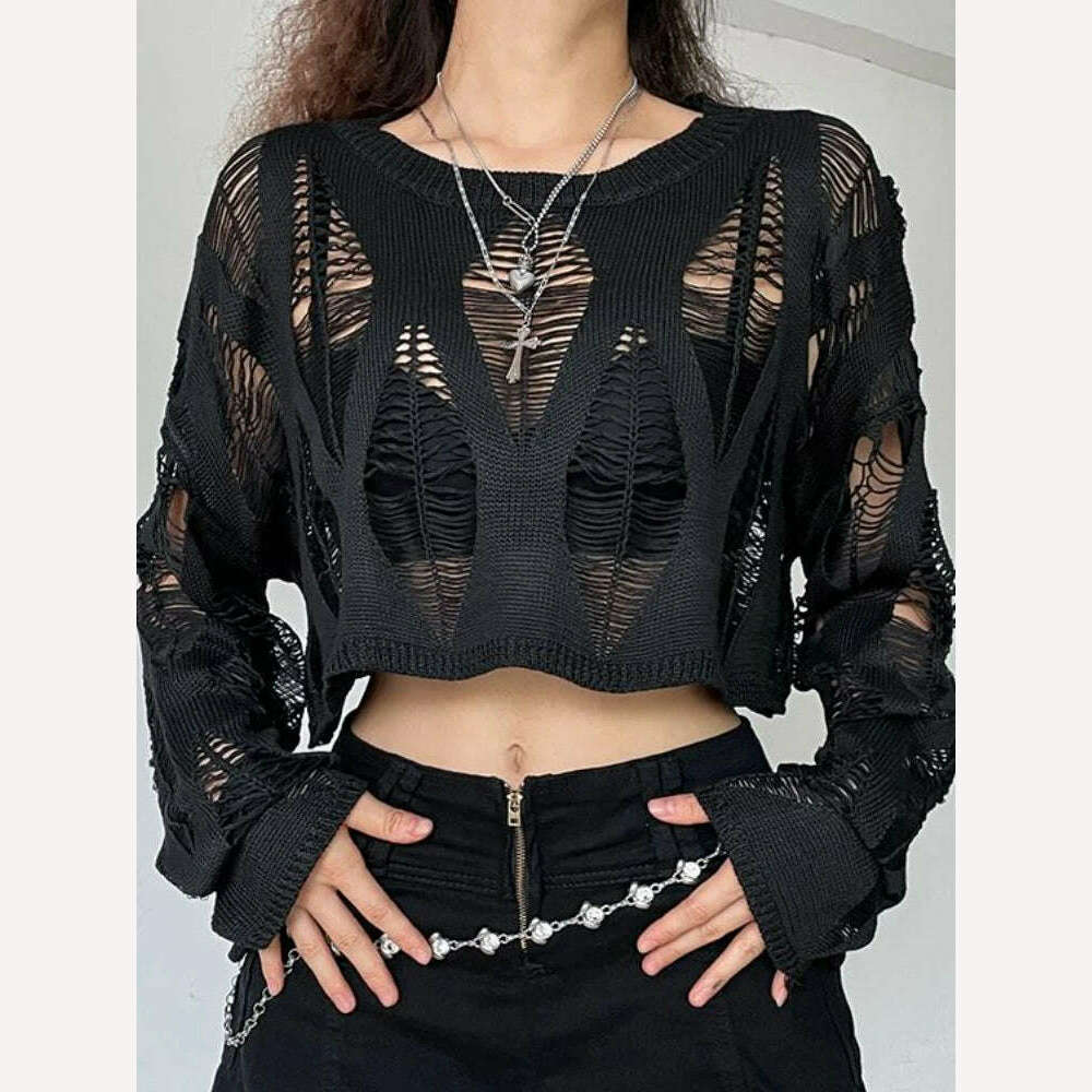 KIMLUD, Perforated Hollow Out Knitted Blouse Sunscreen Long Sleeve Top Gothic Dark Black Sexy Thin Sweater Women's Summer Chic Crop Tops, KIMLUD Womens Clothes