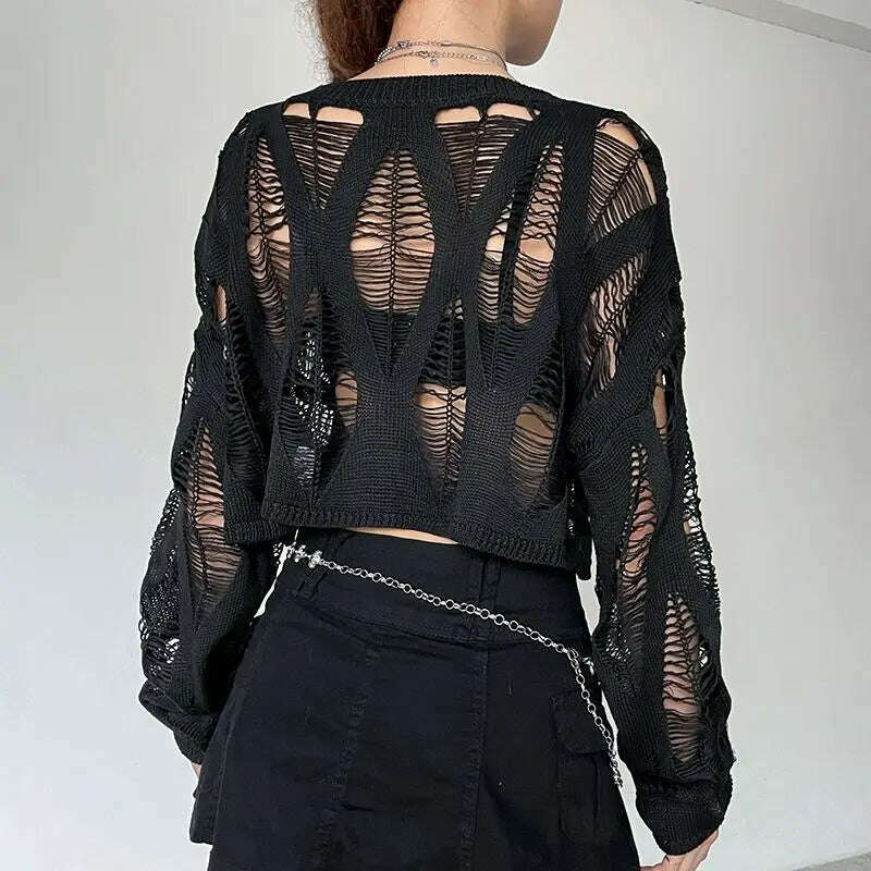 Perforated Hollow Out Knitted Blouse Sunscreen Long Sleeve Top Gothic Dark Black Sexy Thin Sweater Women's Summer Chic Crop Tops, KIMLUD Women's Clothes