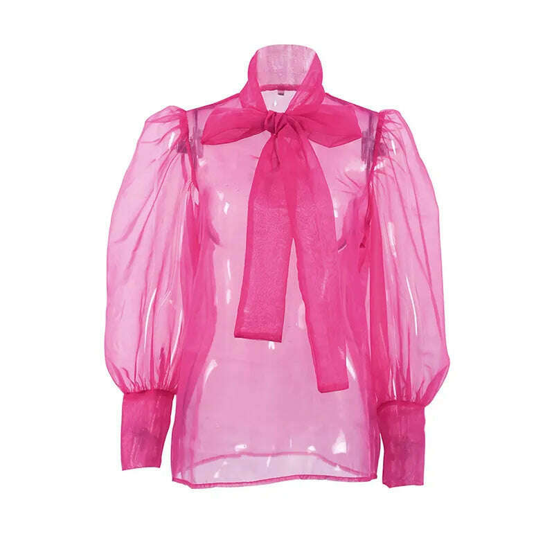 KIMLUD, Perspective Mesh Shirt Women Elegant Sexy See Through Blouses Puff Sleeve Bow Lace Up Tops Office Lady Solid Casual Thin Blouse, KIMLUD Womens ClothesKIMLUD, Perspective Mesh Shirt Women Elegant Sexy See Through Blouses Puff Sleeve Bow Lace Up Tops Office Lady Solid Casual Thin Blouse, Pink / S, KIMLUD APPAREL - Womens Clothes