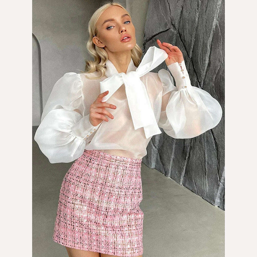 Perspective Mesh Shirts Women Elegant Puff Sleeve Bow Lace Up Blouses Office Ladies Fashion Solid Color Casual Loose Sexy Blouse - KIMLUD