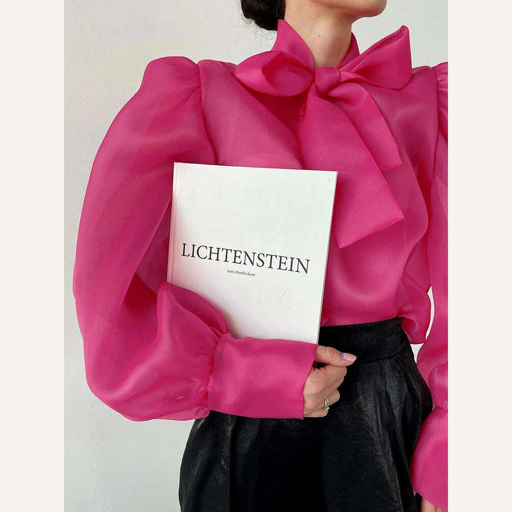 Perspective Mesh Shirts Women Elegant Puff Sleeve Bow Lace Up Blouses Office Ladies Fashion Solid Color Casual Loose Sexy Blouse - KIMLUD