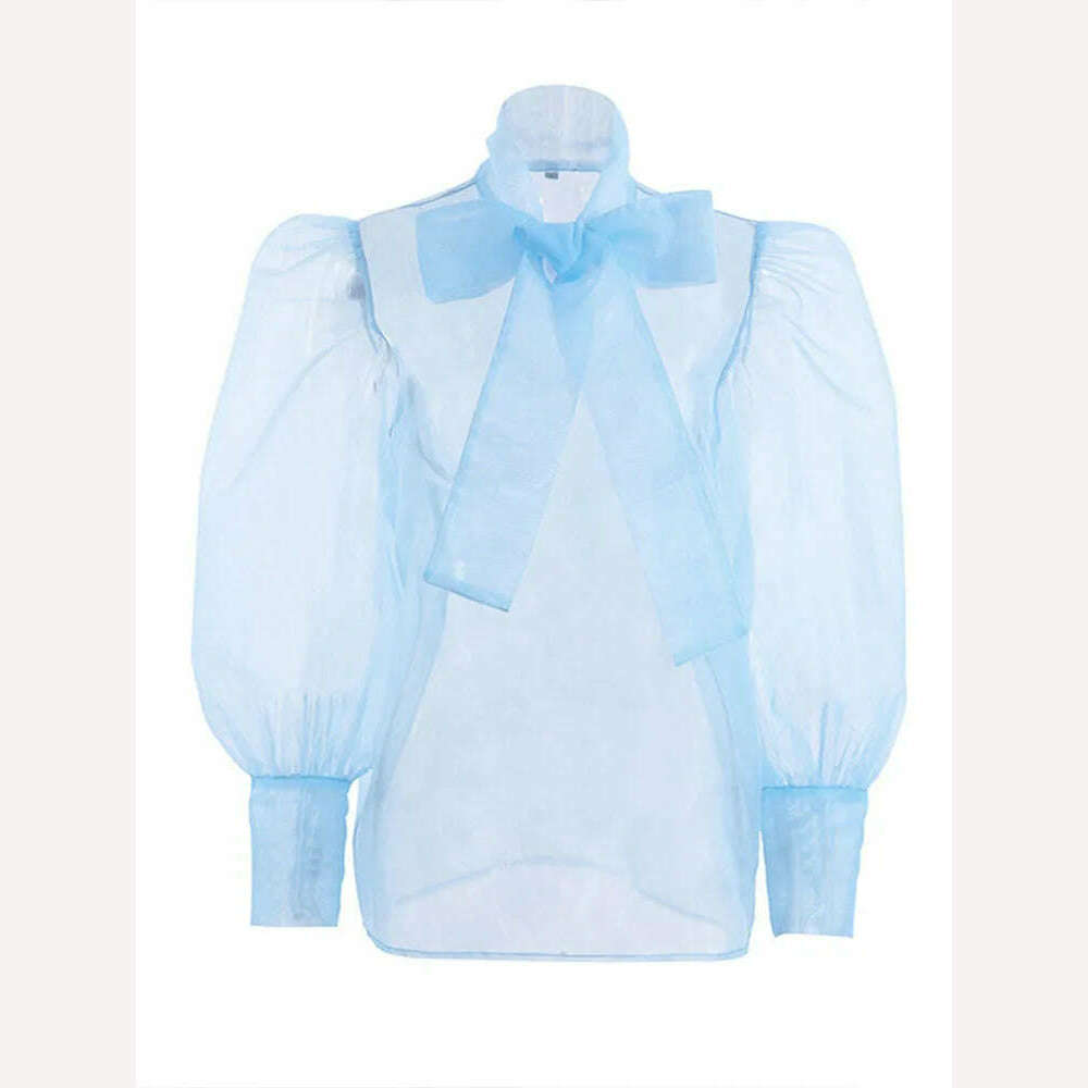 Perspective Mesh Shirts Women Elegant Puff Sleeve Bow Lace Up Blouses Office Ladies Fashion Solid Color Casual Loose Sexy Blouse - KIMLUD