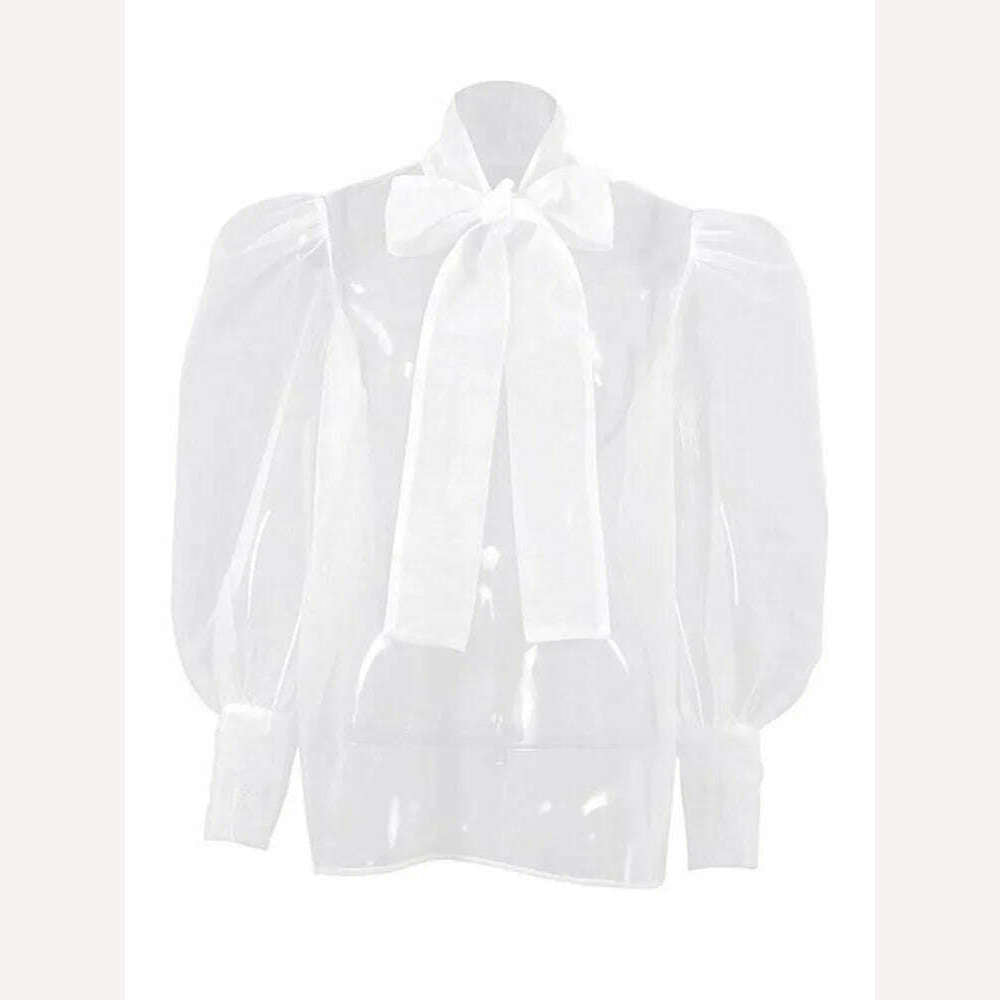 Perspective Mesh Shirts Women Elegant Puff Sleeve Bow Lace Up Blouses Office Ladies Fashion Solid Color Casual Loose Sexy Blouse - KIMLUD