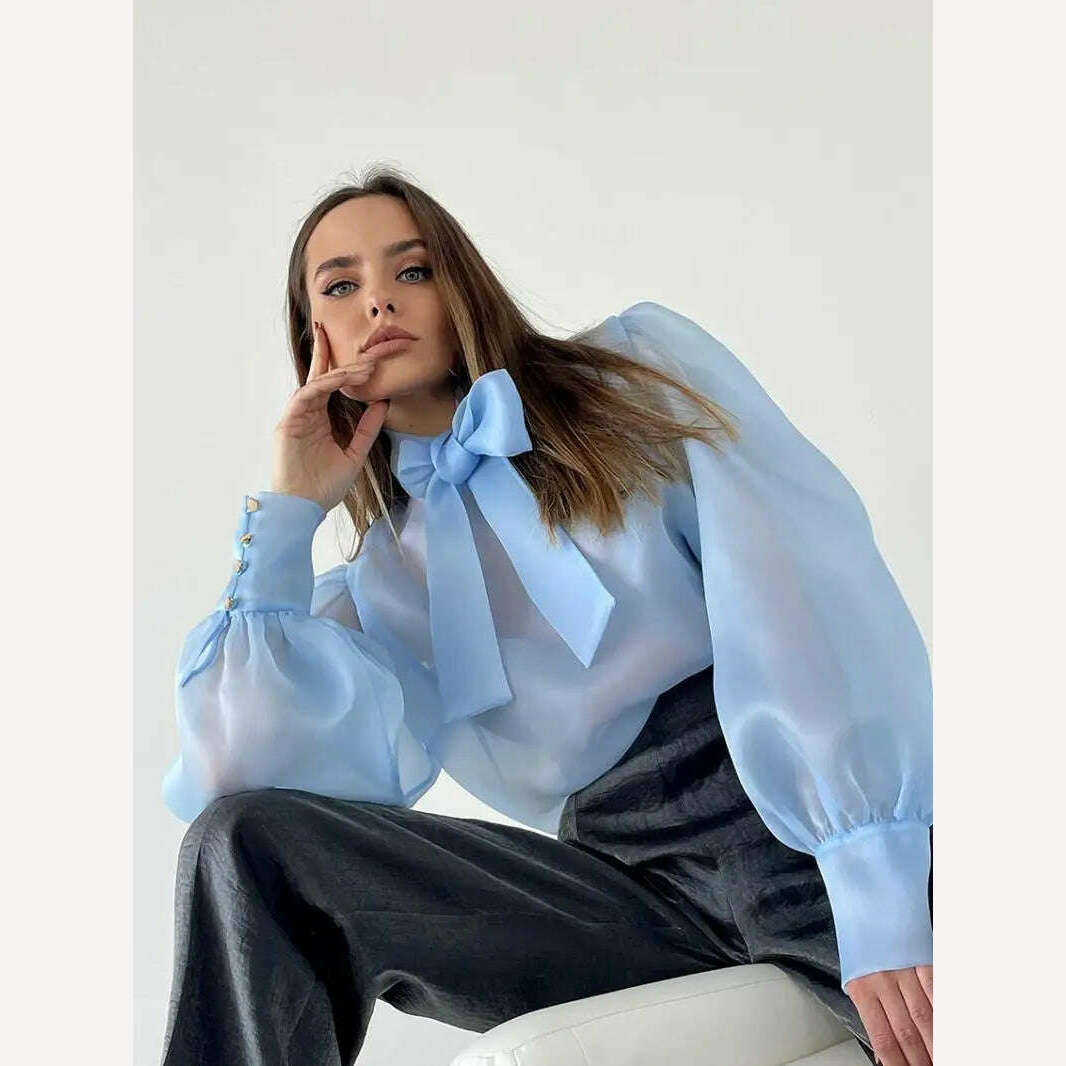Perspective Mesh Shirts Women Elegant Puff Sleeve Bow Lace Up Blouses Office Ladies Fashion Solid Color Casual Loose Sexy Blouse - KIMLUD