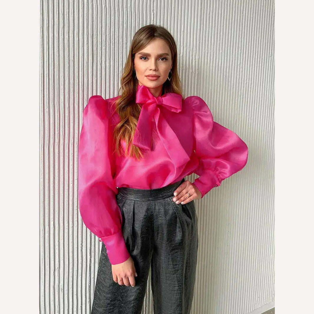 Perspective Mesh Shirts Women Elegant Puff Sleeve Bow Lace Up Blouses Office Ladies Fashion Solid Color Casual Loose Sexy Blouse - KIMLUD