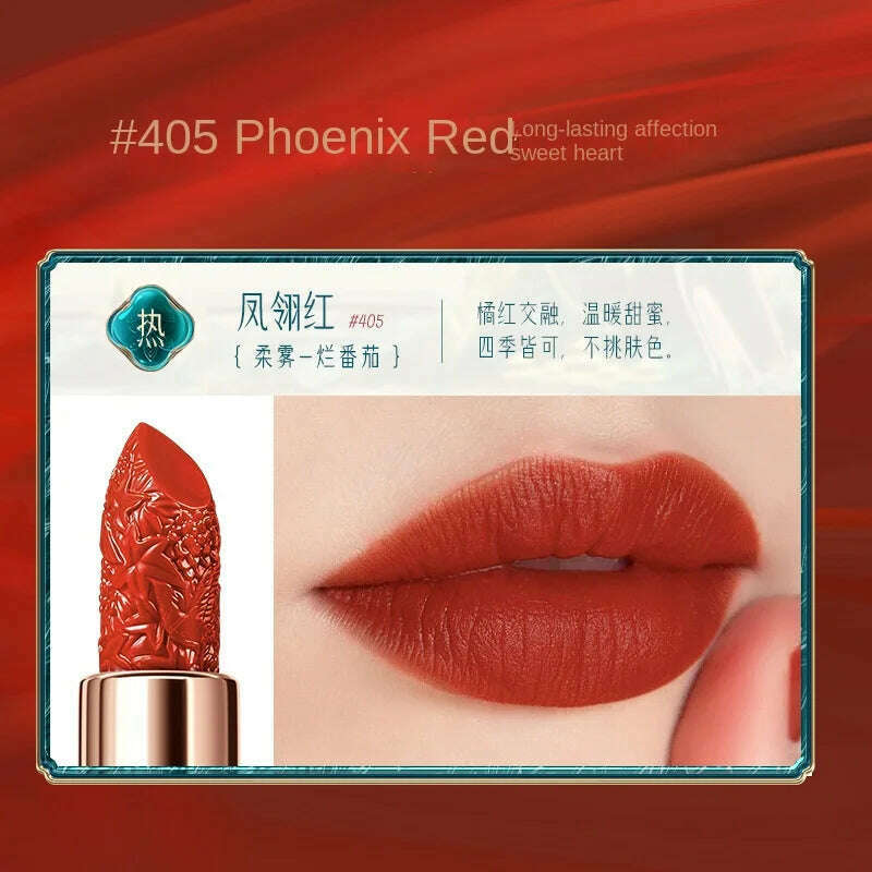 KIMLUD, Phoenix Feather Yue Makeup Carved Lipstick Silky Color Vintage Flower Makeup Red National Style Texture, 405, KIMLUD Women's Clothes