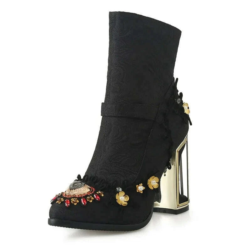 Phoentin Ethnic style embroidered short boots Women's Crystal Ankle boot Autumn winter luxury High Heels Shoes size 43 FT1671 - KIMLUD