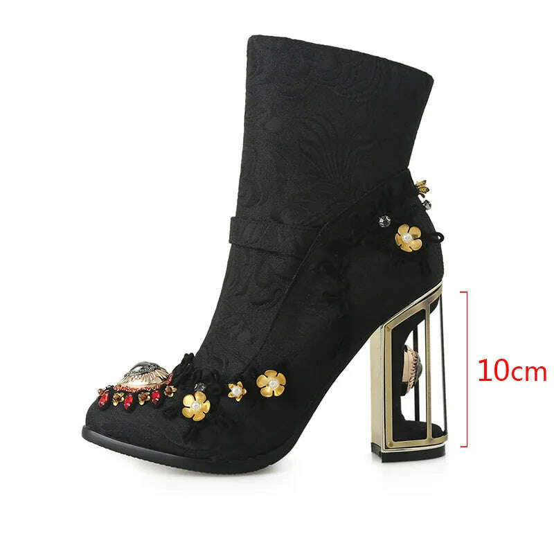 KIMLUD, Phoentin Ethnic style embroidered short boots Women's Crystal Ankle boot Autumn winter luxury High Heels Shoes size 43 FT1671, KIMLUD Womens Clothes