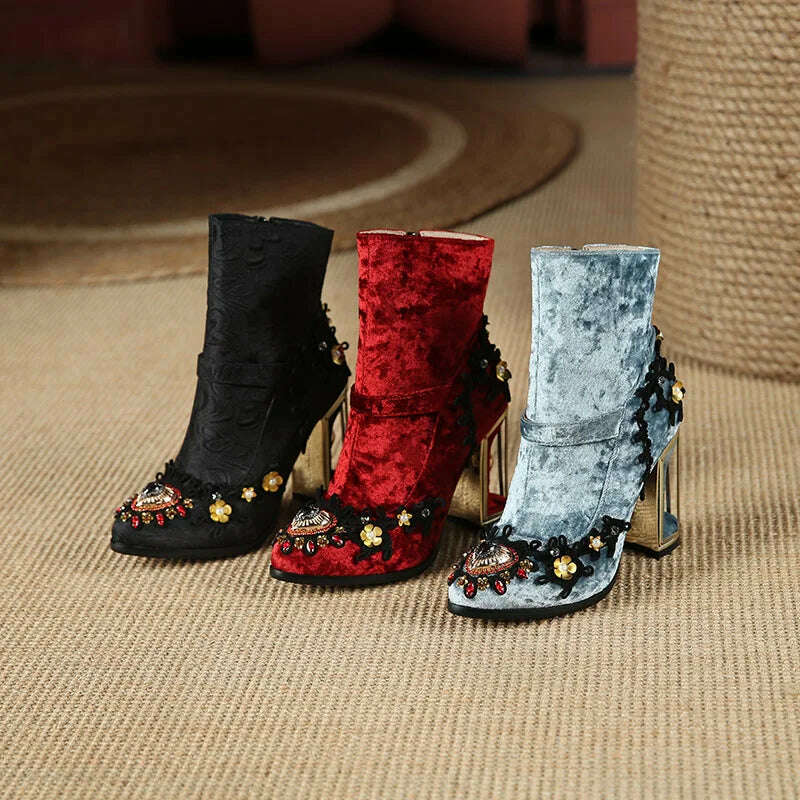 KIMLUD, Phoentin Ethnic style embroidered short boots Women's Crystal Ankle boot Autumn winter luxury High Heels Shoes size 43 FT1671, KIMLUD Womens Clothes