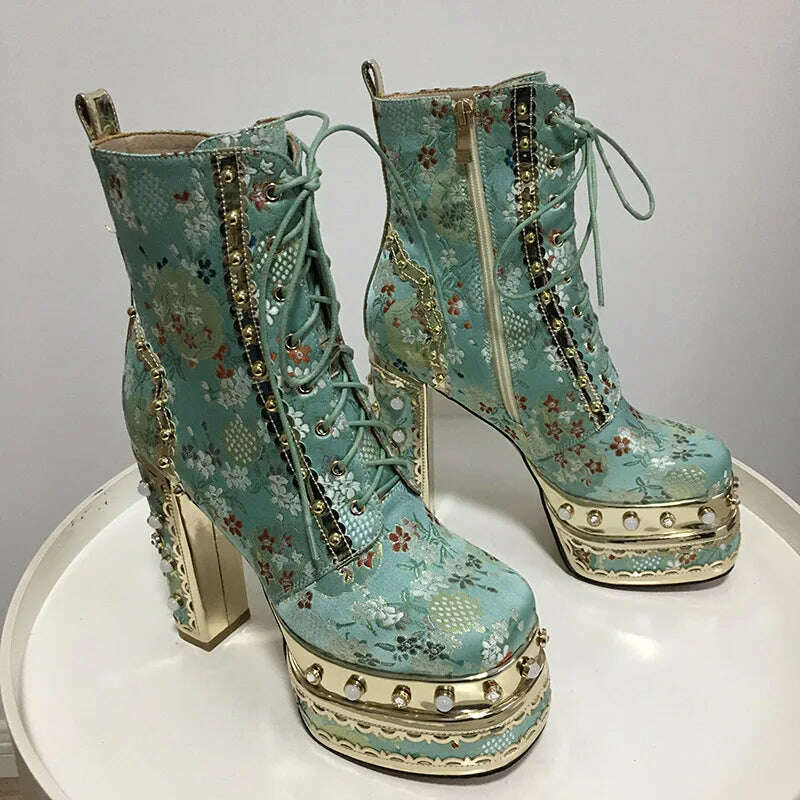 Phoentin Luxury crystal super high heels wedding party shoes women&#39;s silk embroidery flower platform ethnic Ankle boots FT1736 - KIMLUD