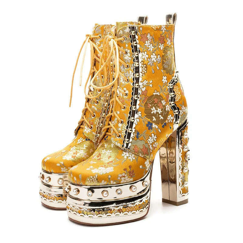 Phoentin Luxury crystal super high heels wedding party shoes women&#39;s silk embroidery flower platform ethnic Ankle boots FT1736 - KIMLUD