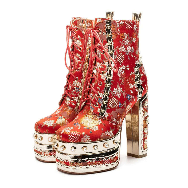Phoentin Luxury crystal super high heels wedding party shoes women&#39;s silk embroidery flower platform ethnic Ankle boots FT1736 - KIMLUD