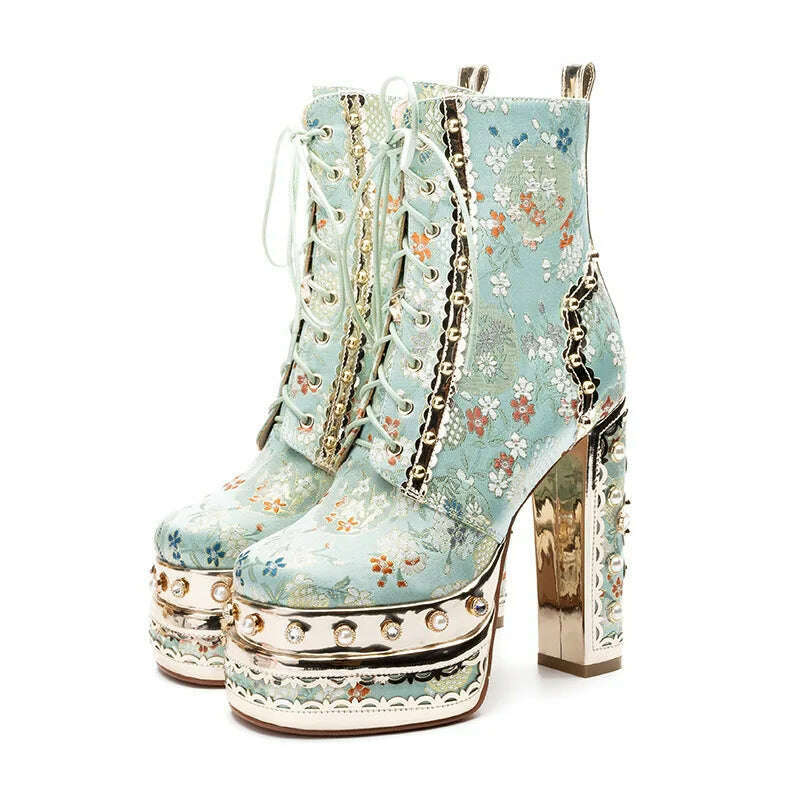 Phoentin Luxury crystal super high heels wedding party shoes women&#39;s silk embroidery flower platform ethnic Ankle boots FT1736 - KIMLUD