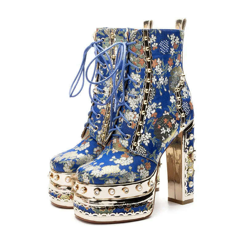 KIMLUD, Phoentin Luxury crystal super high heels wedding party shoes women&#39;s silk embroidery flower platform ethnic Ankle boots FT1736, dark blue / 5, KIMLUD Women's Clothes