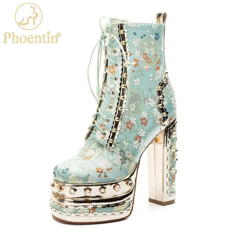 Phoentin Luxury crystal super high heels wedding party shoes women&#39;s silk embroidery flower platform ethnic Ankle boots FT1736 - KIMLUD