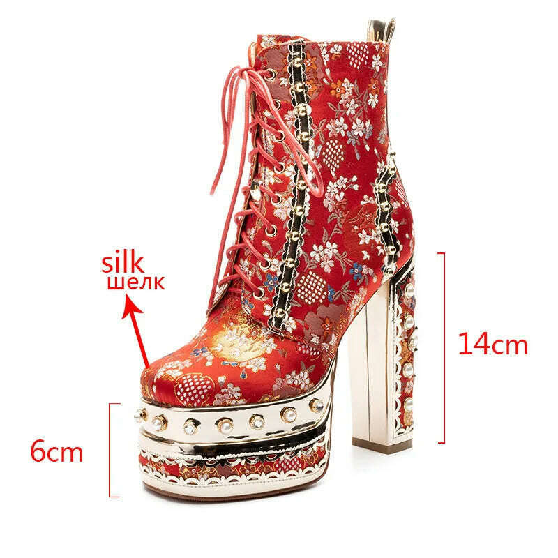 Phoentin Luxury crystal super high heels wedding party shoes women&#39;s silk embroidery flower platform ethnic Ankle boots FT1736 - KIMLUD