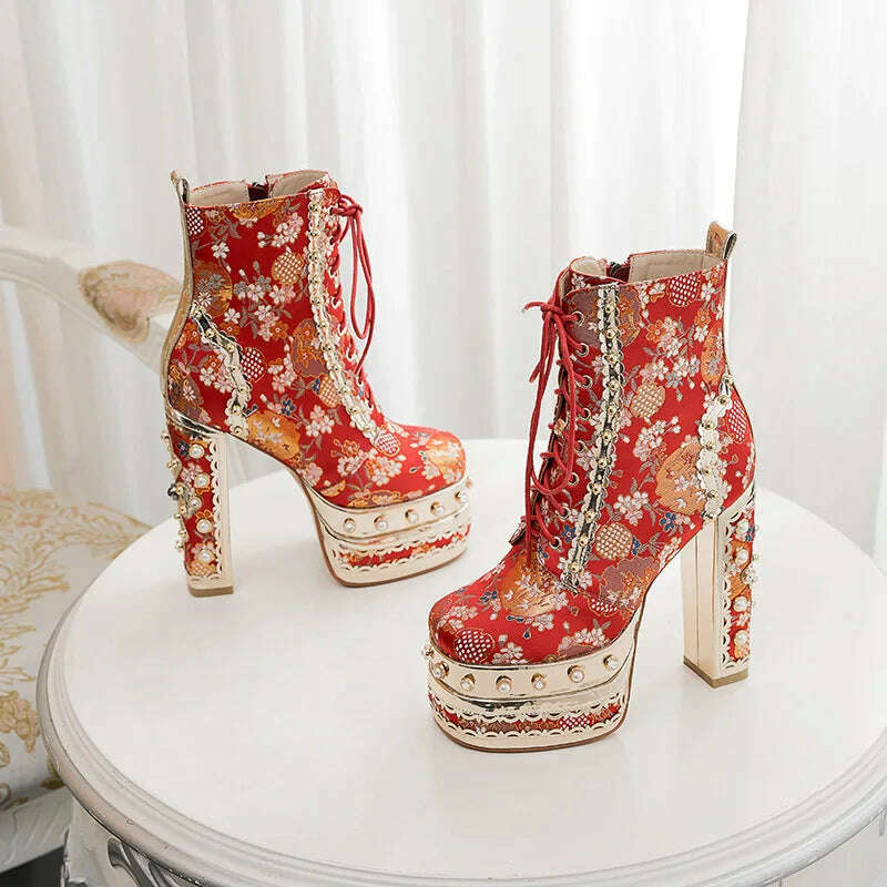 Phoentin Luxury crystal super high heels wedding party shoes women&#39;s silk embroidery flower platform ethnic Ankle boots FT1736 - KIMLUD