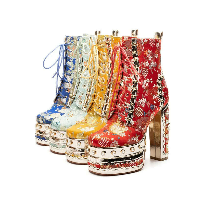 Phoentin Luxury crystal super high heels wedding party shoes women&#39;s silk embroidery flower platform ethnic Ankle boots FT1736 - KIMLUD