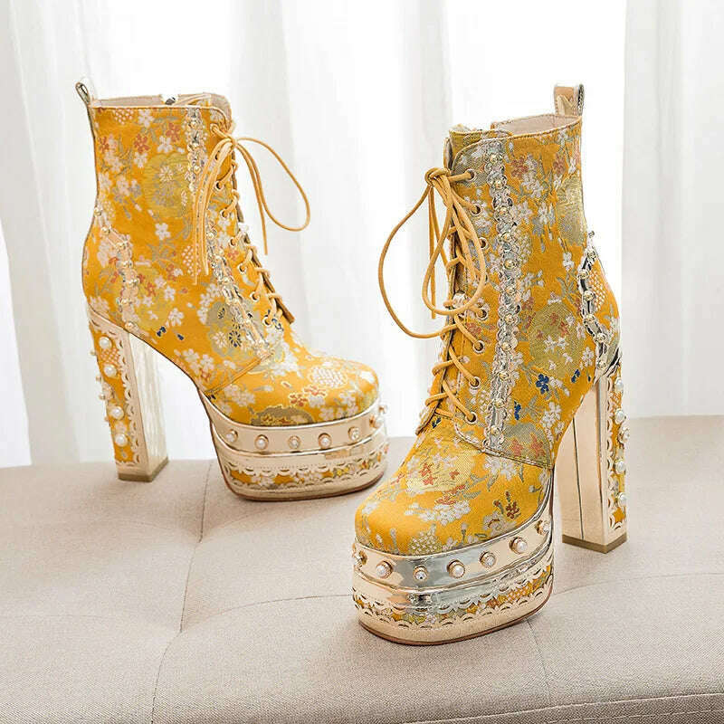 Phoentin Luxury crystal super high heels wedding party shoes women&#39;s silk embroidery flower platform ethnic Ankle boots FT1736 - KIMLUD