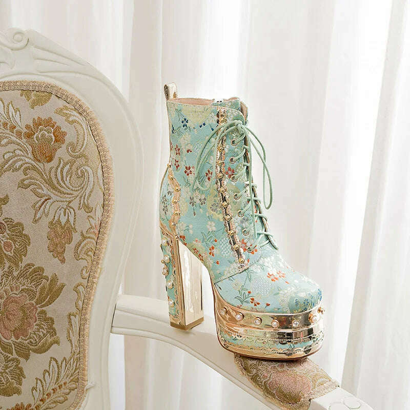 Phoentin Luxury crystal super high heels wedding party shoes women&#39;s silk embroidery flower platform ethnic Ankle boots FT1736 - KIMLUD