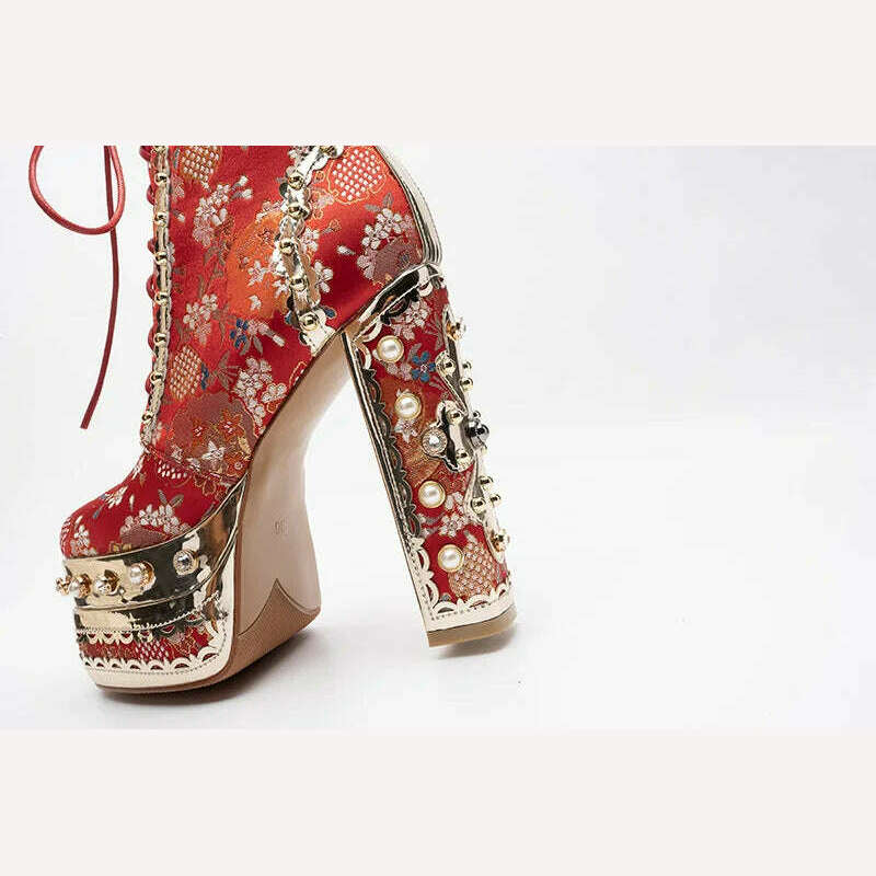 Phoentin Luxury crystal super high heels wedding party shoes women&#39;s silk embroidery flower platform ethnic Ankle boots FT1736 - KIMLUD