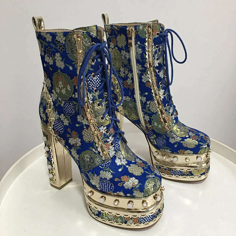 KIMLUD, Phoentin Luxury crystal super high heels wedding party shoes women&#39;s silk embroidery flower platform ethnic Ankle boots FT1736, KIMLUD Women's Clothes