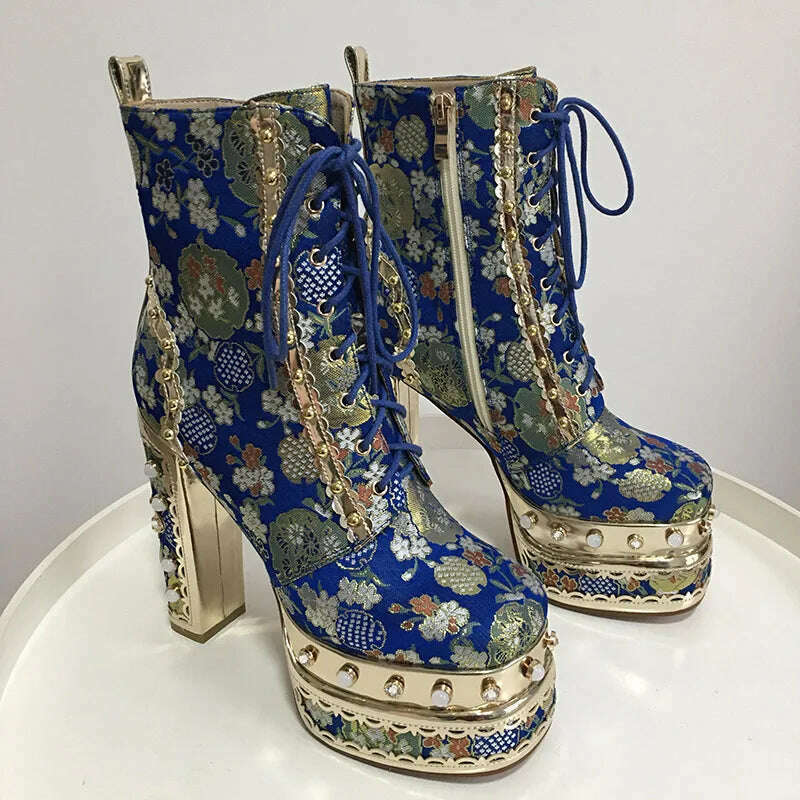 Phoentin Luxury crystal super high heels wedding party shoes women&#39;s silk embroidery flower platform ethnic Ankle boots FT1736 - KIMLUD