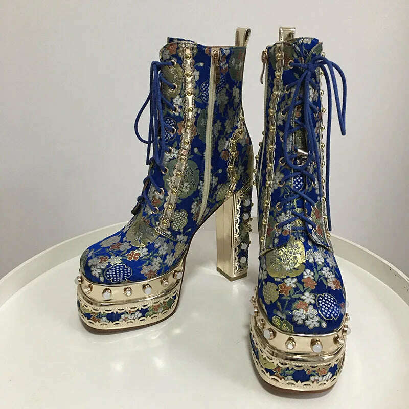 Phoentin Luxury crystal super high heels wedding party shoes women&#39;s silk embroidery flower platform ethnic Ankle boots FT1736 - KIMLUD