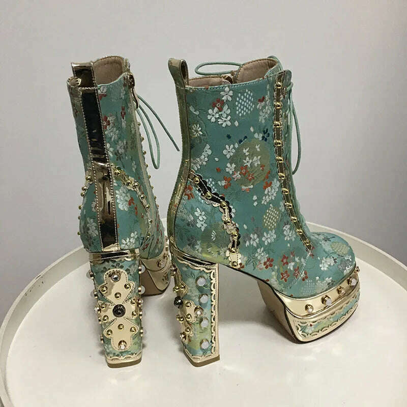 Phoentin Luxury crystal super high heels wedding party shoes women&#39;s silk embroidery flower platform ethnic Ankle boots FT1736 - KIMLUD