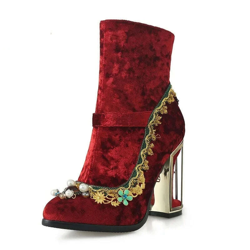 KIMLUD, Phoentin Women's Wedding Crystal Ankle velvet boots Autumn winter luxury Fretwork super High Heels Rhinestones Shoes FT1670, wine red / 5, KIMLUD Womens Clothes
