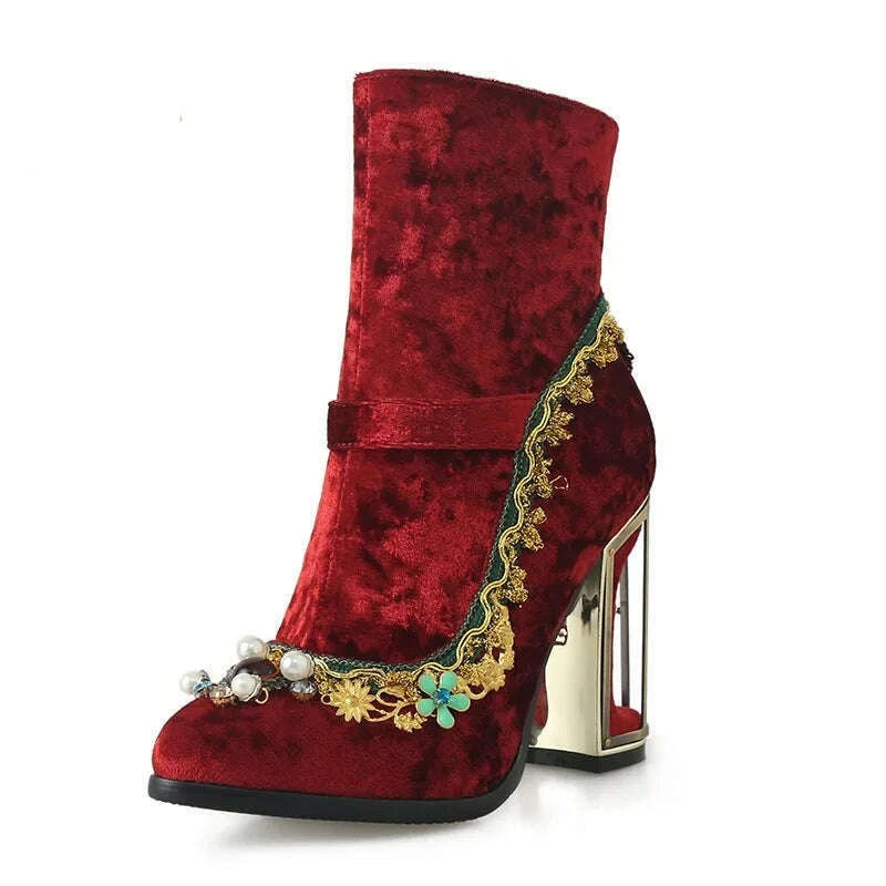 KIMLUD, Phoentin Women's Wedding Crystal Ankle velvet boots Autumn winter luxury Fretwork super High Heels Rhinestones Shoes FT1670, wine red / 5, KIMLUD APPAREL - Womens Clothes