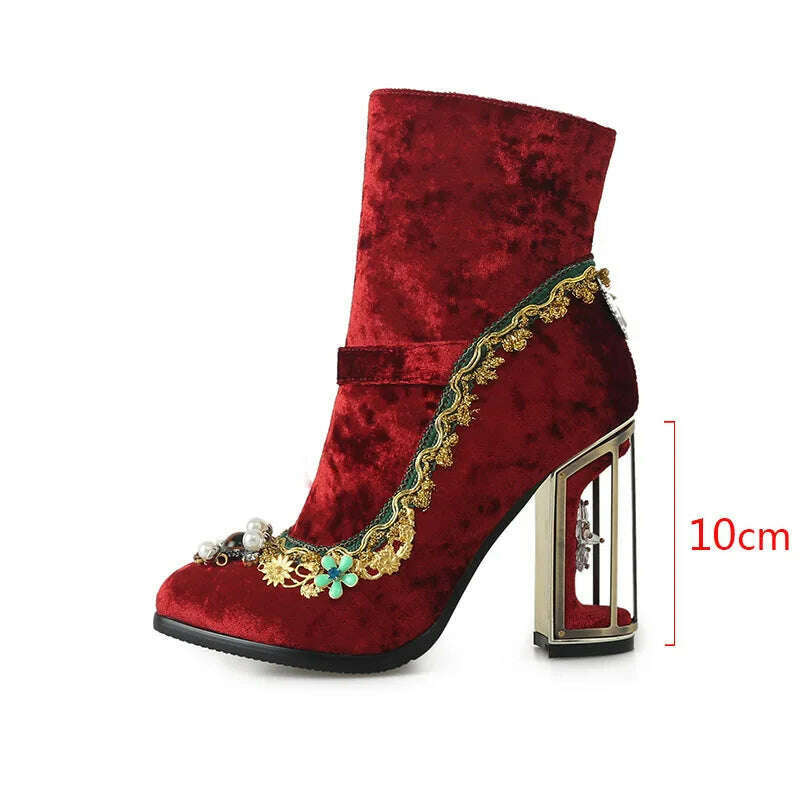 KIMLUD, Phoentin Women's Wedding Crystal Ankle velvet boots Autumn winter luxury Fretwork super High Heels Rhinestones Shoes FT1670, KIMLUD Womens Clothes