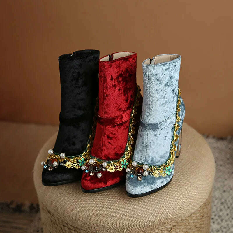 KIMLUD, Phoentin Women's Wedding Crystal Ankle velvet boots Autumn winter luxury Fretwork super High Heels Rhinestones Shoes FT1670, KIMLUD Womens Clothes