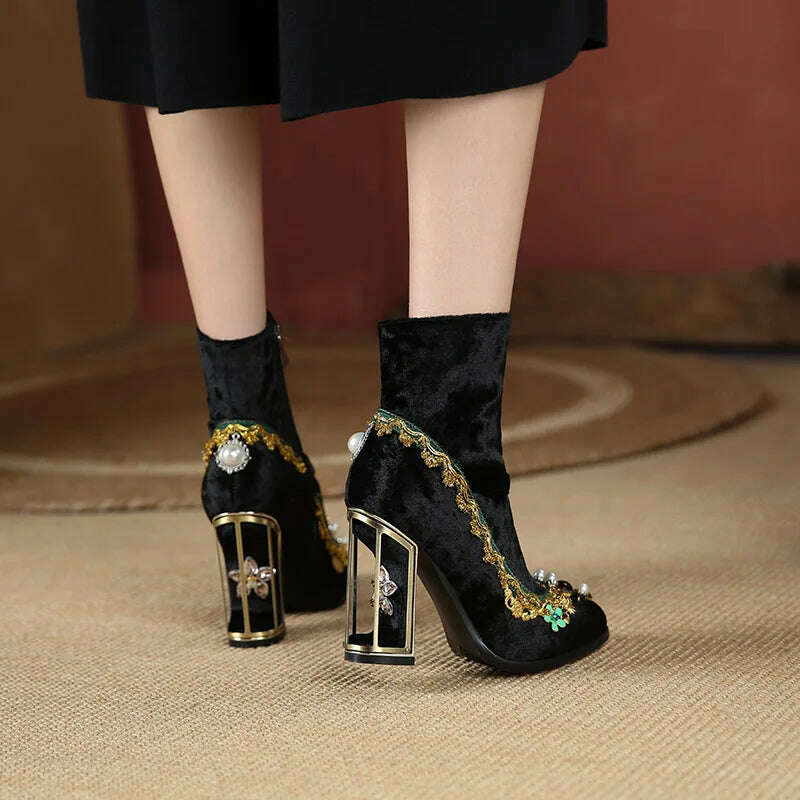 KIMLUD, Phoentin Women's Wedding Crystal Ankle velvet boots Autumn winter luxury Fretwork super High Heels Rhinestones Shoes FT1670, KIMLUD Womens Clothes