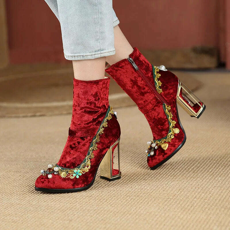 KIMLUD, Phoentin Women's Wedding Crystal Ankle velvet boots Autumn winter luxury Fretwork super High Heels Rhinestones Shoes FT1670, KIMLUD Womens Clothes