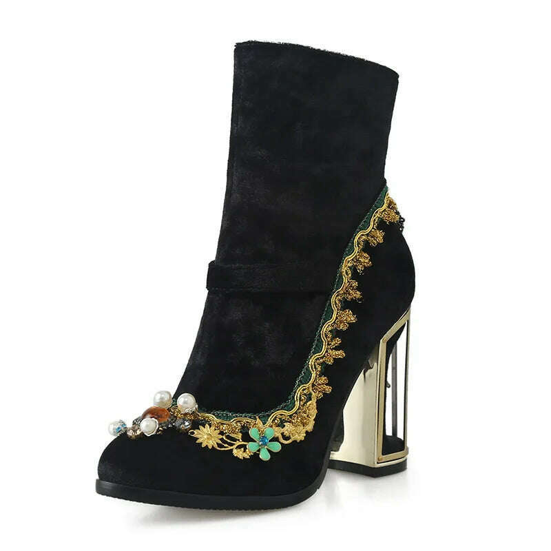KIMLUD, Phoentin Women's Wedding Crystal Ankle velvet boots Autumn winter luxury Fretwork super High Heels Rhinestones Shoes FT1670, black / 5, KIMLUD Womens Clothes