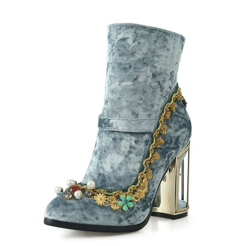 KIMLUD, Phoentin Women's Wedding Crystal Ankle velvet boots Autumn winter luxury Fretwork super High Heels Rhinestones Shoes FT1670, blue / 5, KIMLUD Womens Clothes