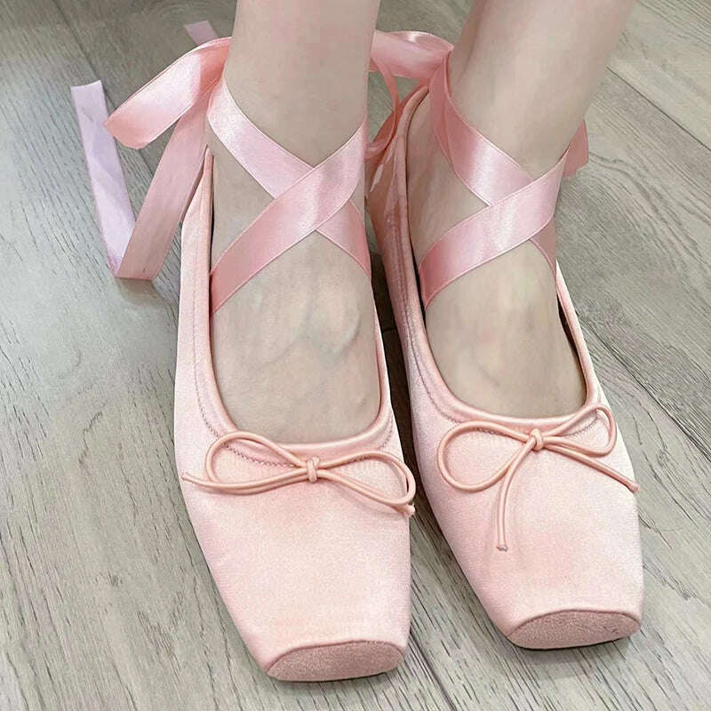 KIMLUD, Pink Apricot Fashion Classic Silk Ballet Shoes Lace up Ballet Shoes Women Square Toe Bowtie Women Flats Elegant Valentine Shoes, KIMLUD Women's Clothes
