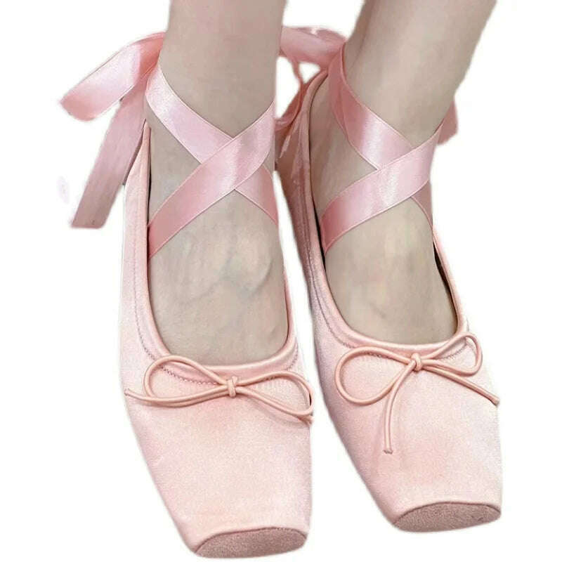 KIMLUD, Pink Apricot Fashion Classic Silk Ballet Shoes Lace up Ballet Shoes Women Square Toe Bowtie Women Flats Elegant Valentine Shoes, KIMLUD Women's Clothes