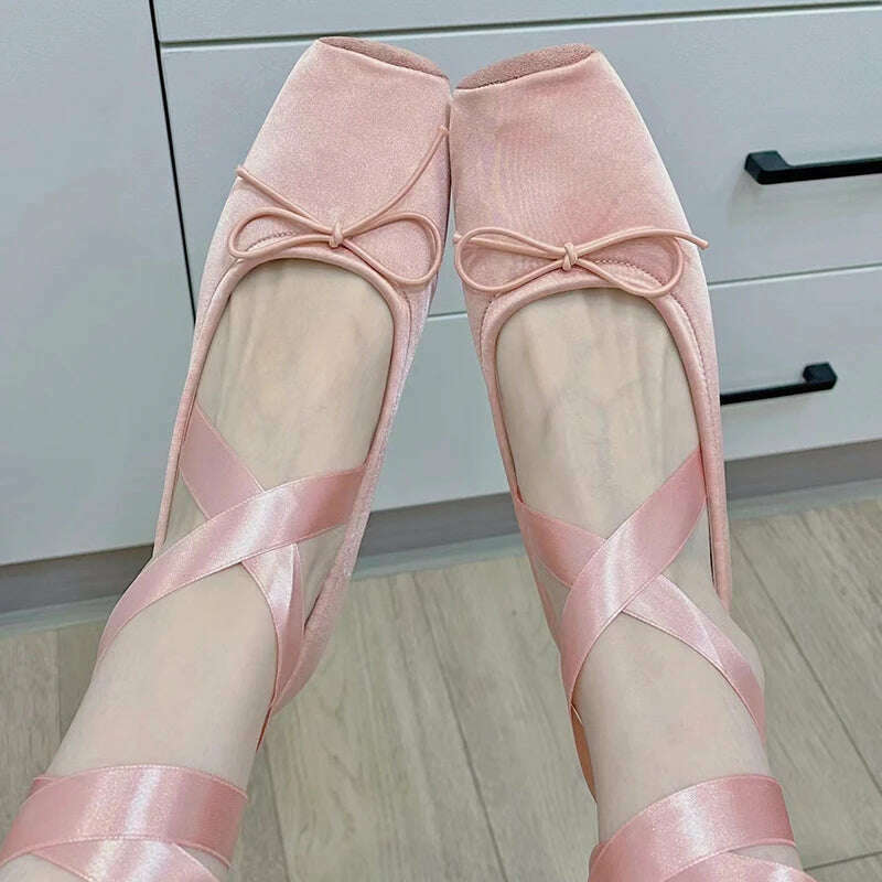 KIMLUD, Pink Apricot Fashion Classic Silk Ballet Shoes Lace up Ballet Shoes Women Square Toe Bowtie Women Flats Elegant Valentine Shoes, KIMLUD Womens Clothes